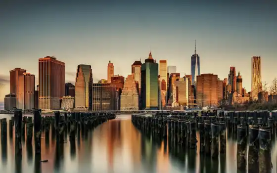 new, york, мост, город, бруклин, park, cityscape, небоскрёб, usa, architecture, закат