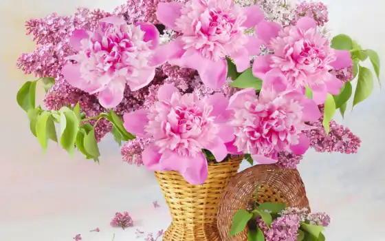 цветы, пион, корзина, сиреневый, букет, розовый