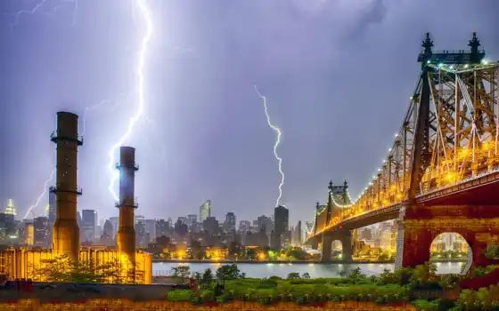 york, lightning, мост, город