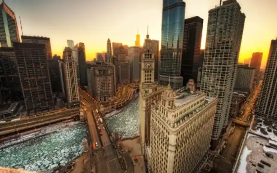 река, chicago, desktop, мегаполис, небоскребы, 