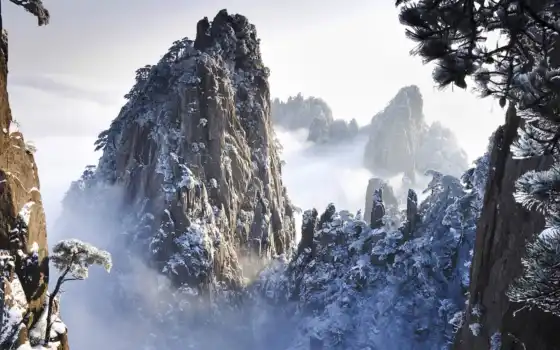 природа, снег, гор, сниматься, кинотеатр, китаянка, крутые, скалы, склоны, 