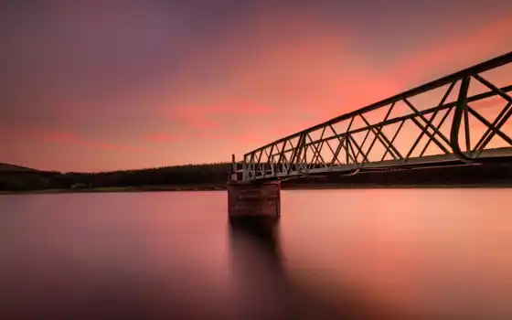 , мост, озеро, закат, 