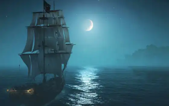луна, корабль, море, ночь