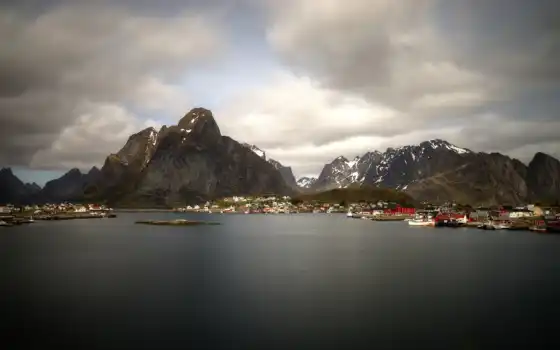 reine, норвегия, гора, lofoten, день, water, top, тело, браун, во, cover