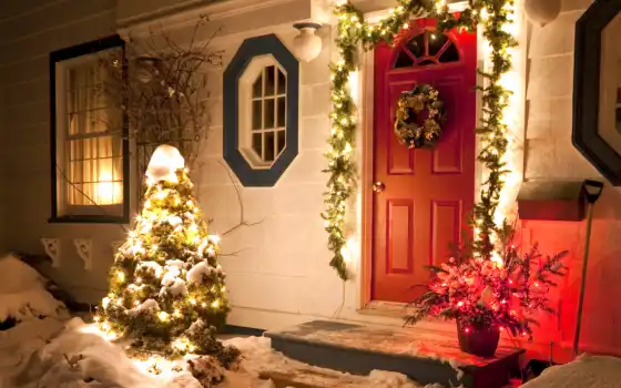 дом, фронтальная, зима, огни, новоедение, рождество, делись, двери, праздники,