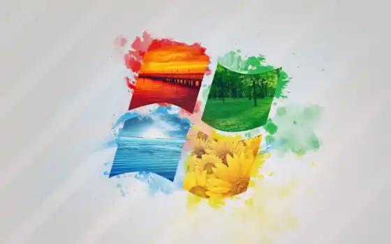 окна, логотип, цветы, лес, море, мост, белый, красный, желтый, синий, зеленый