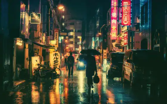 картинка, дождь, город, ночь, города, фотографий, зонтик, tokio, 