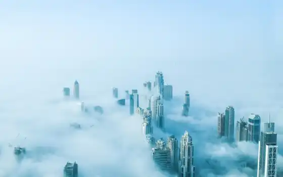 dubai, город, небоскрёба, облако, туман, house, оаэ, building, descend, палуба