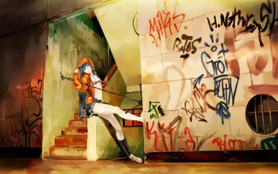 аниме, вокалоид, музыка, граффити, микрофон, стена