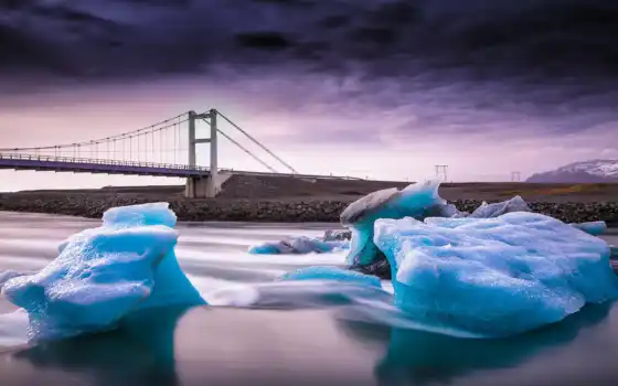 лед, река, мост