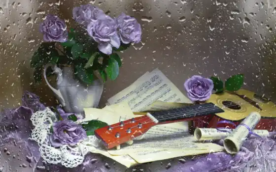 гитара, музы, инструмент, цветы, нота, роза