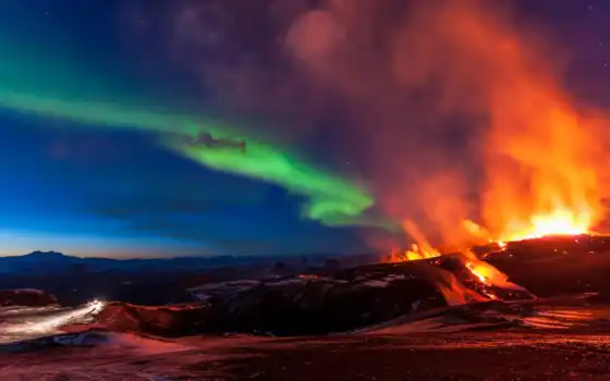 вулкан, аврора, льдины, огни, фото, бородали, извергаясь, удивительный, северный, из космоса,