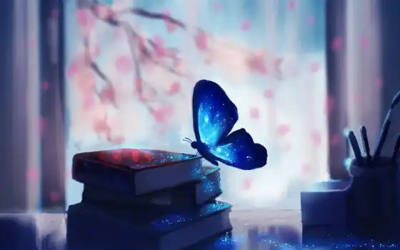 бабочка, книга, арта, сакур, дерево, blue, sit, магия, branch