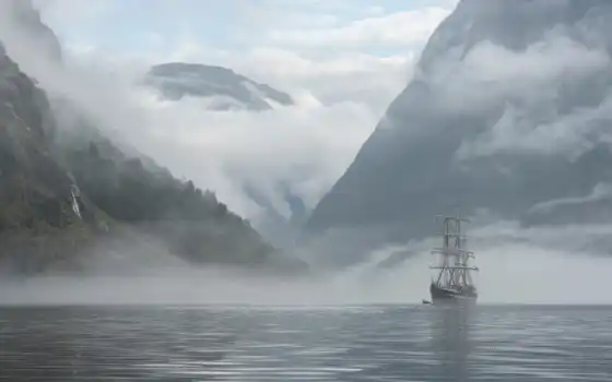 норвегия, гора, корабль, природа