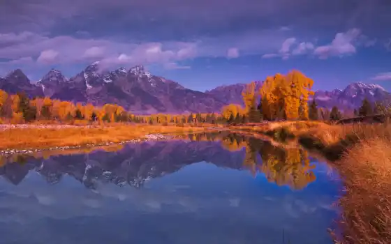 осень, горы, деревя, озеро, 