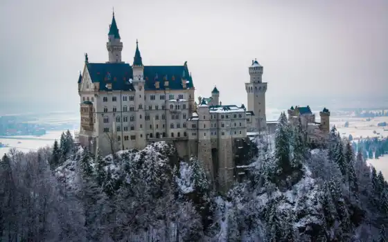neuschwanstein, замок, зима, снег,