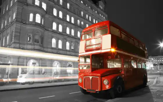 город, ночь, улица, дорога, картинка, чёрно, bus, великобритания, london, white, 