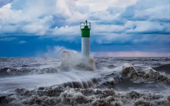 маяк, буря, море, волна, брызги
