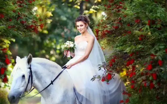 девушка, настроение, цветы, лошадь, mare, white, платье, букет