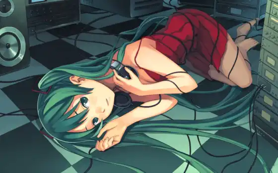 miku, anime, green, hair, девушка, лежит