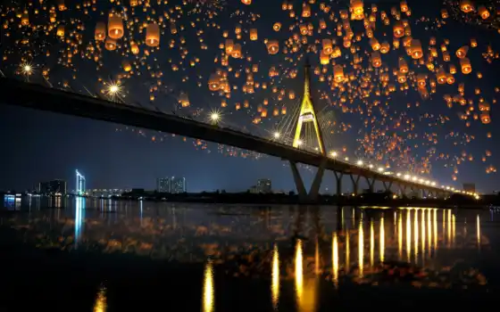 мост, ночь, город, река