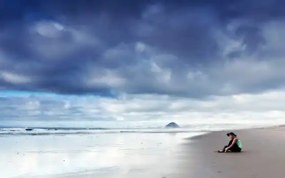 девушка, шляпа, море, небо, пляж, поза