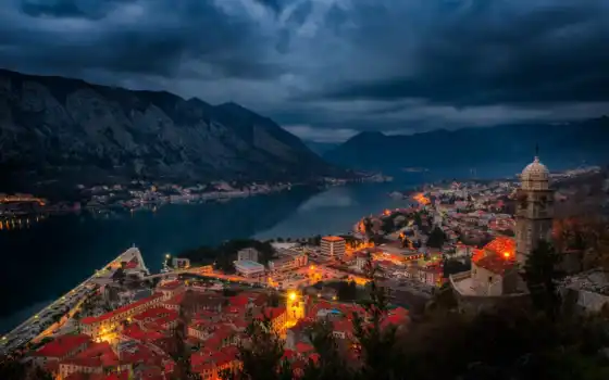 котор, черногория, город, гора, house, pour, bay, fortress, montenegro, побережье