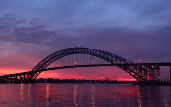 мост, закат, река