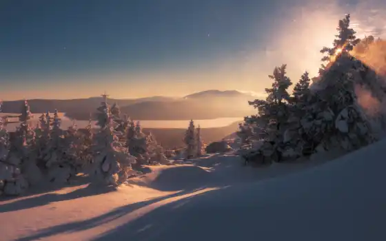 горный, пейзаж, зима, задворк, есть, горный, деревянный, круглые, тени