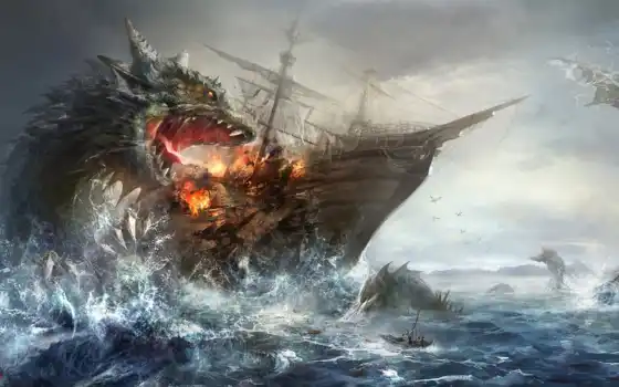 море, монстр, корабль, фантазия, пачка, нападения, монстры, иллюстрации,