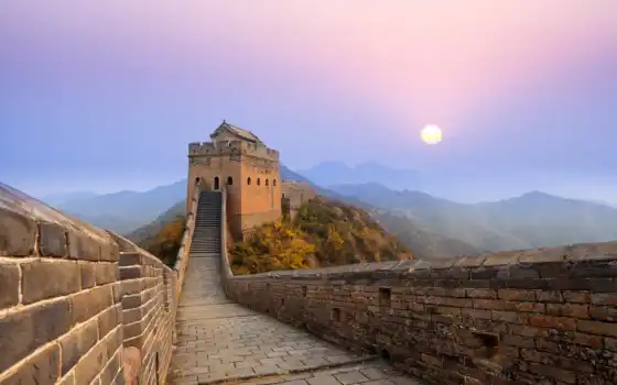 стена, china, great, jinshanling, восход, sun, 