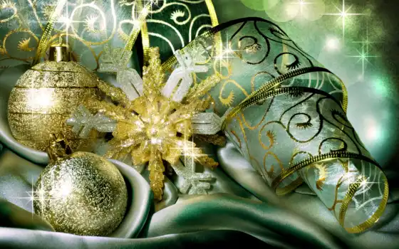new, year, шары, лента, christmas, happy, золотые, новогодние, елочные, атлас, gifleri, зелёный, шелк, праздник, картинка, ткань, украшения, блестки, блеск, искры, код, звезда, cartolina, картинку, 