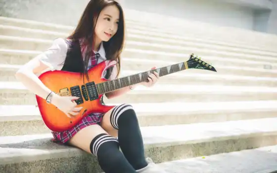 гитара, азиатка, девушка