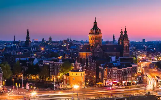 amsterdam, holland, дома, город, закат, здания, амстердама, фотообои, вечер, 