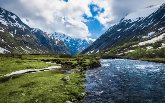 горы, норвежское, норвежское, норвежское, норвежское, река, залив, горный, горный, фьорд, заповедное, зеленое,