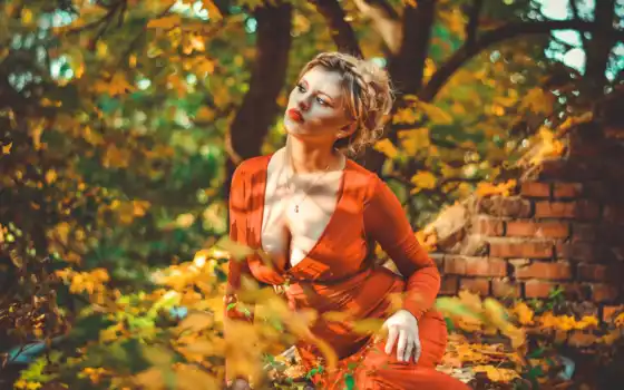 осень, женщина, cleavage, пасть, ожерелье, portrait, dzya-chyn, outdoors, дерево
