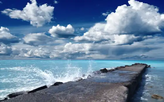море, вода, брыжи, океан, пейзаж, мост, облака,