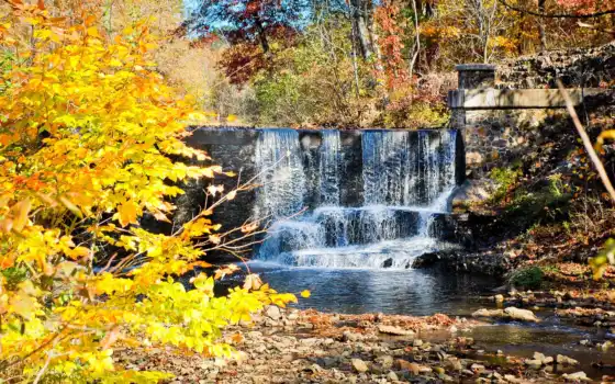 водопад, осенью, искусственный, природа, осень, красивые, 