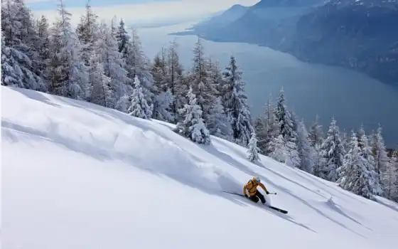 обои, лыжи, снег, лыжник, спорт, горы, спуск, обла
