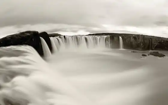 водопад, чёрно, белое, красотища, картинка, 