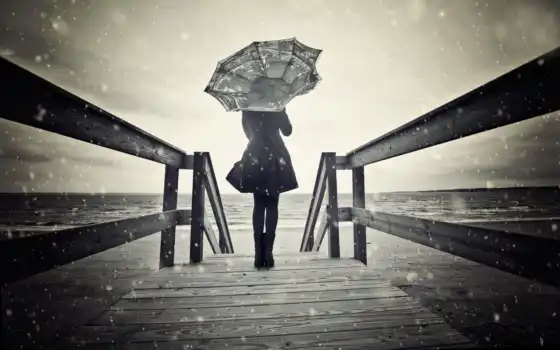 зонтик, девушка, снег, ветер