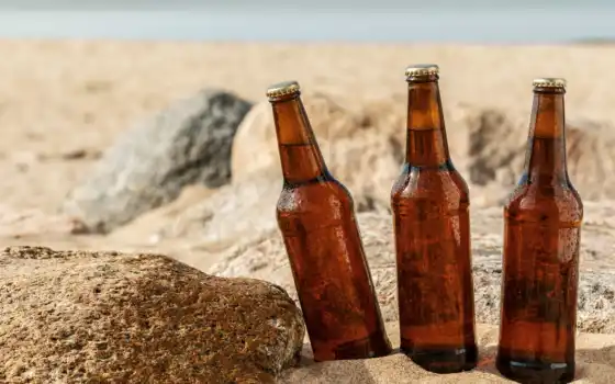 бутылка, пиво, песок, камень, пляж