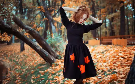 платье, осень, девушка, лист