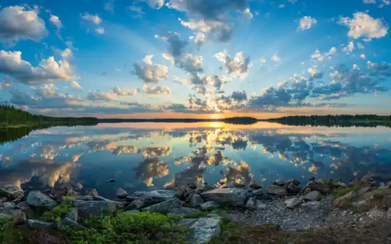 озеро, финляндия, солнце