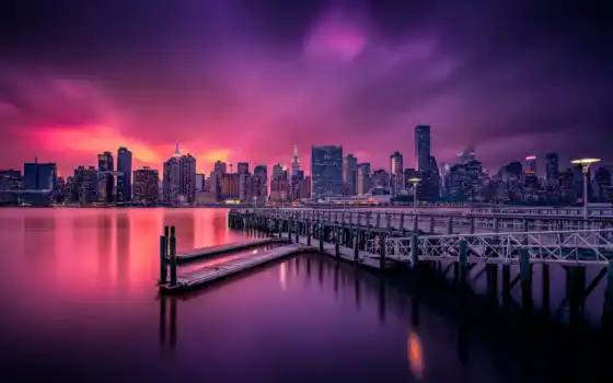 new, york, город, skyline, закат, nightscape, manhattan, фото, usa, небо, мост
