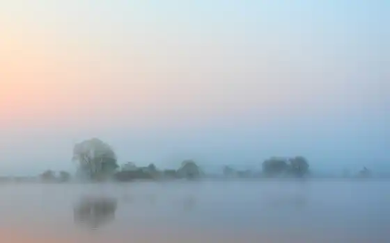 туман, утро, вода, река, небо, деревья, 