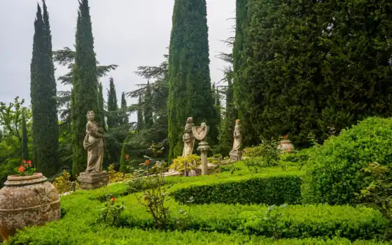 итальянское, сад, итальянское, деревянная, вилла, турист, котика, скульптура