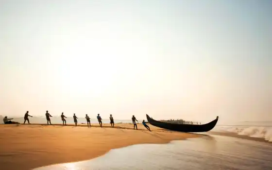 лодка, пляж, рыбак