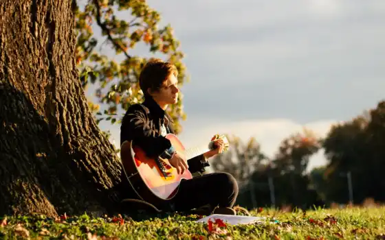 гитара, музыка, парень, настроение, мужчина, дерево, ок, трава, весна, осень