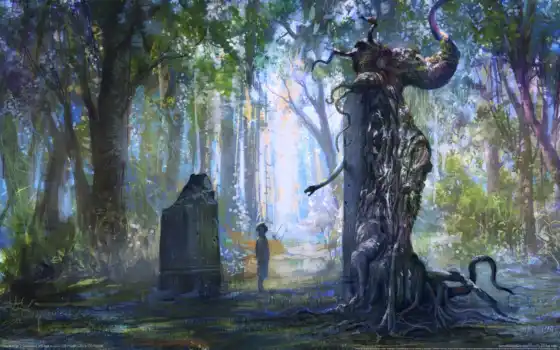 лес, памятник, мальчик, камень, статуя, деревья, змея, листва, 